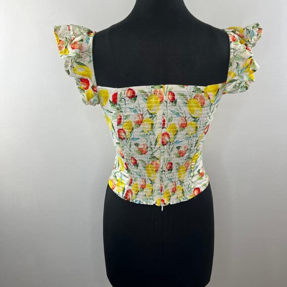 AQUA White S Top Cotton Lemon Fruit Smoked Back Zip Square Neck Flutter Sleeves - Picture 6 of 8